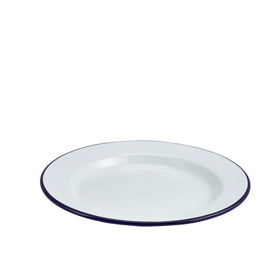 Enamelware Plate White With Wide Blue Rim 24cm