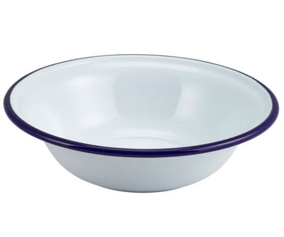 Enamel Bowl White with Blue Rim 16cm 6.25in