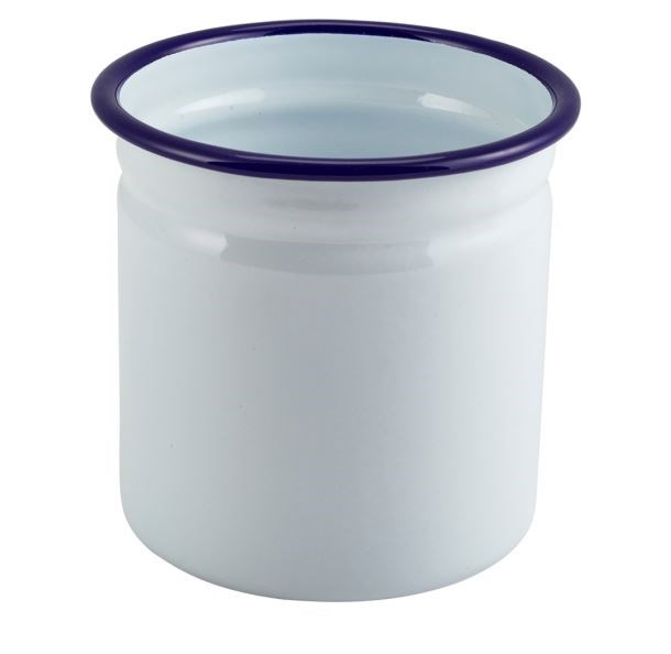 Enamel Cutlery Holder White with Blue Rim 11.5cm Dia