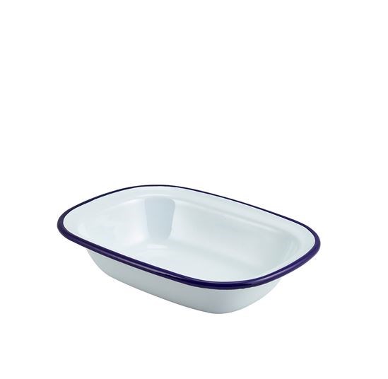 Enamel Rect. Pie Dish White & Blue 20cm