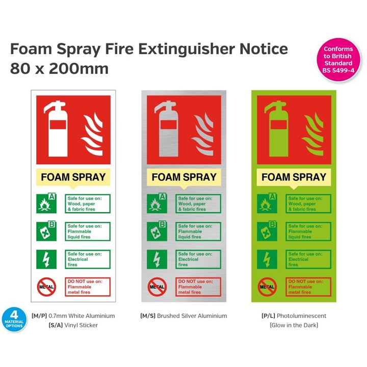 Foam Spray Fire Extinguisher Notice 80x200mm P/L