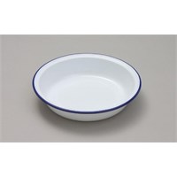 Enamelware Pie Dish Round White With Blue Rim 14cm