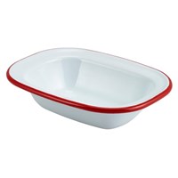 Pie Dish Rect Enamel White Red Rim 16cm