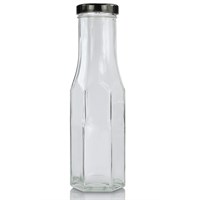 Bottle Sauce Hexagonal Clear Glass Black Lid 25cl