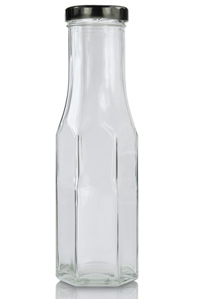 Bottle Sauce Hexagonal Clear Glass Black Lid 25cl